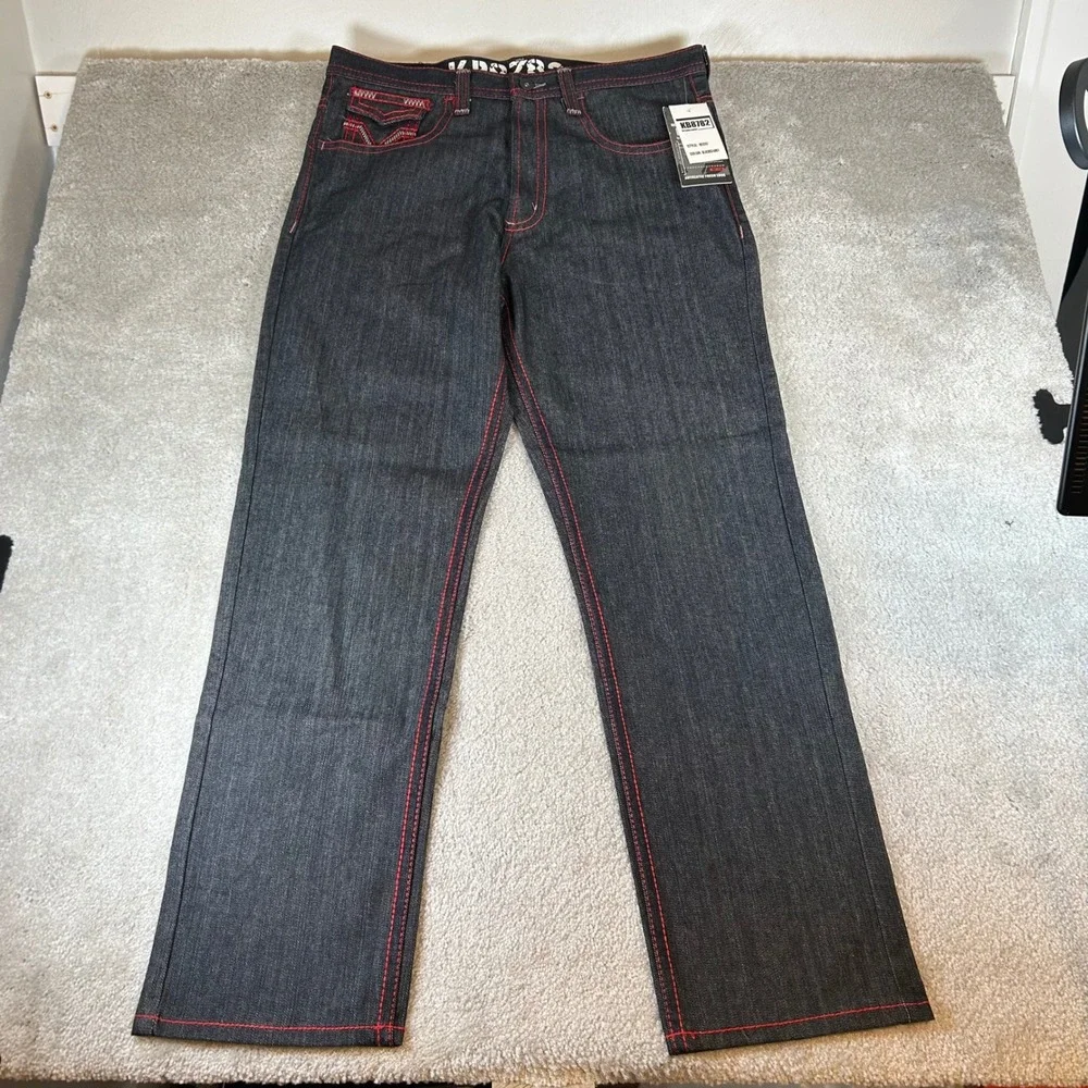 Vintage Y2K KB8782 Jeans Mens 38‎ Blue Red Grey Contrast Stitch Straight Leg NWT